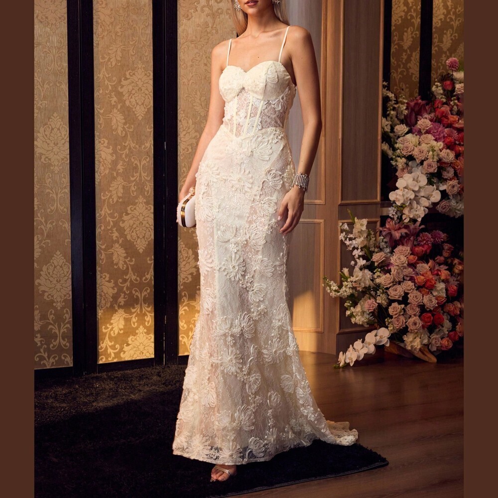 Cream 3D Floral Lace Sheer Corset Spaghetti Strap Mermaid Gown